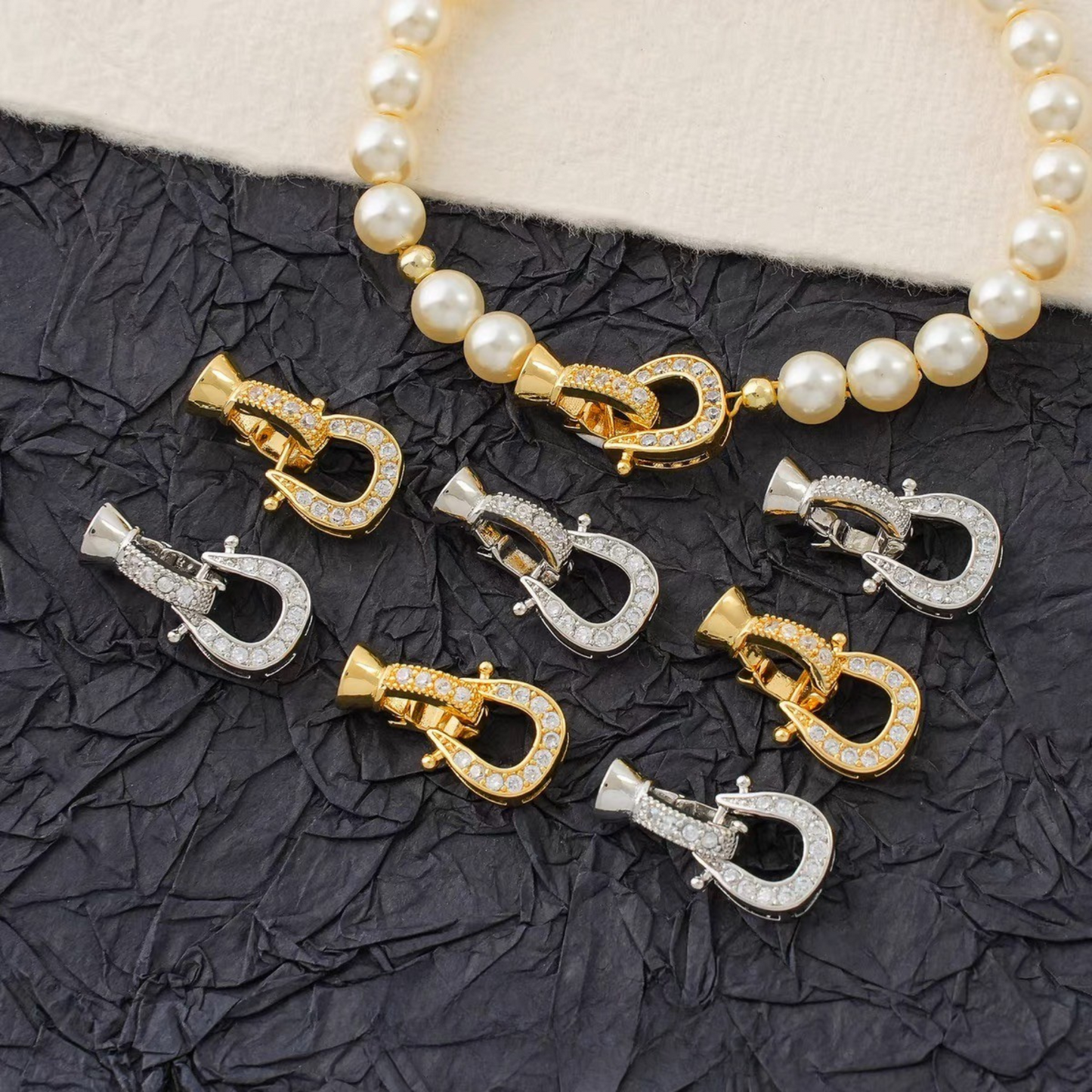 【B19】1PCS Horseshoe Clasp Connector – Micro Pave Rhinestone DIY Jewelry Findings | 19.3×10.6mm