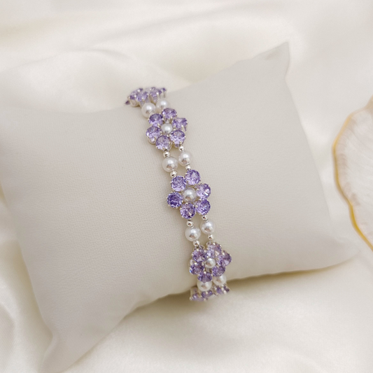 【No.69】Purple Daisy Handmade Bracelet – 4mm Purple CZ, Pearls & Drop-Shaped Clasp DIY Jewelry Gift for Her