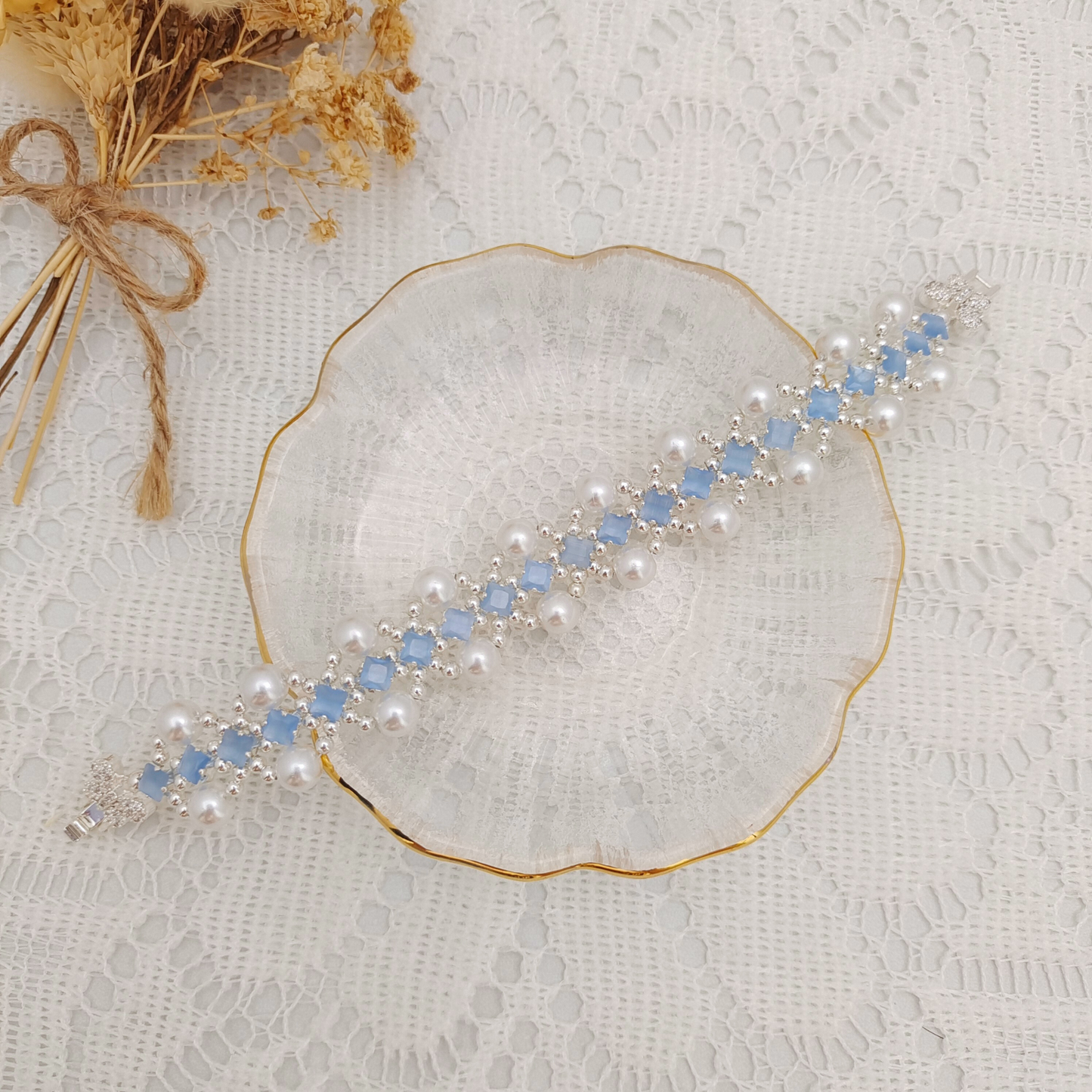 【No.86】Handmade Bracelet – French Court with Pearls & Cat Eye Square Beads | Vintage Regal Style