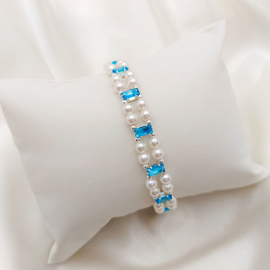 【No.37】DIY Celestial Pearl Link Handmade Bracelet | Aquamarine Zircon & Pearl | Finished Beaded Jewelry
