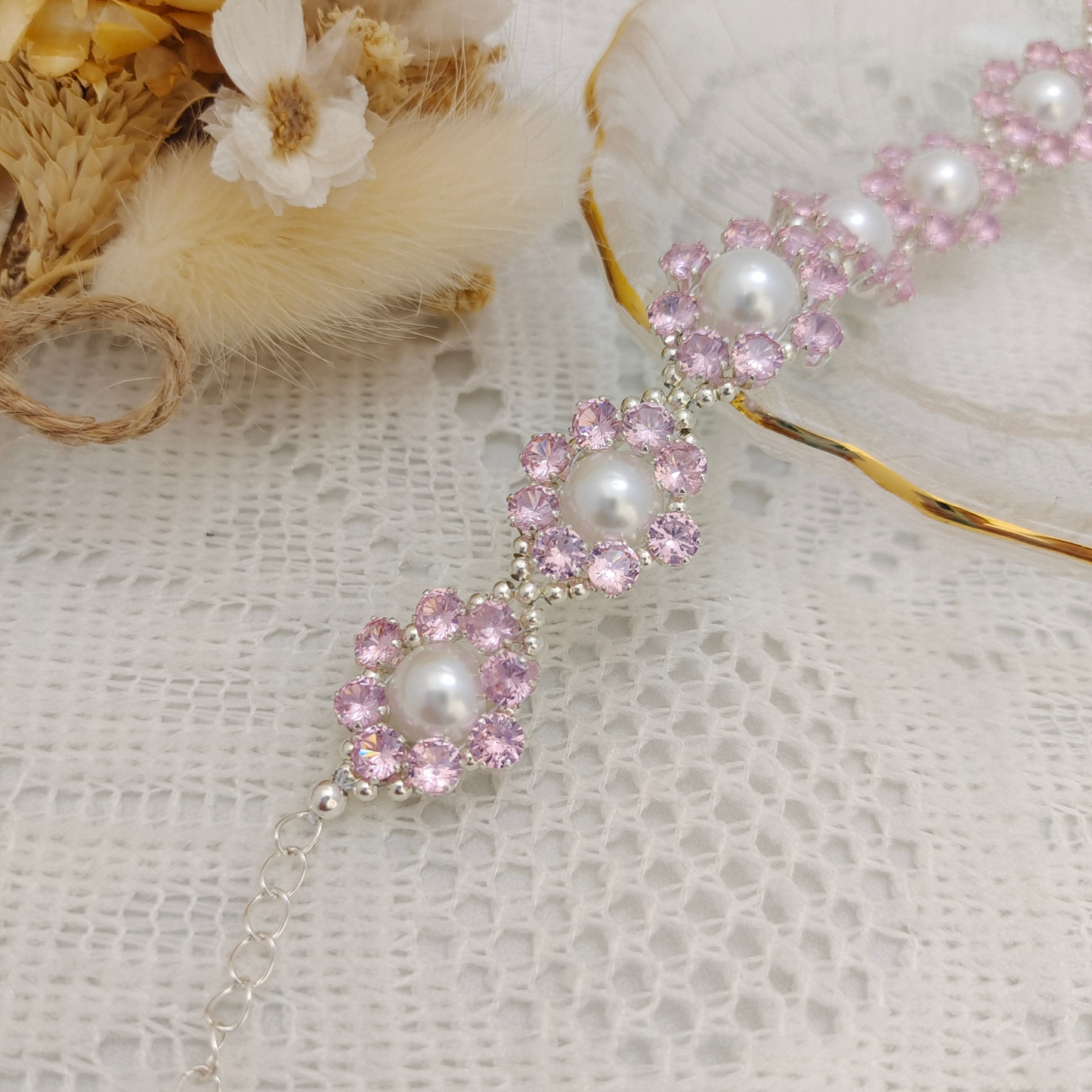 【No.93】DIY Bracelet Kit – Pink Rose Design | 8mm Pearls + Pink CZ Beads | Full Tutorial Included