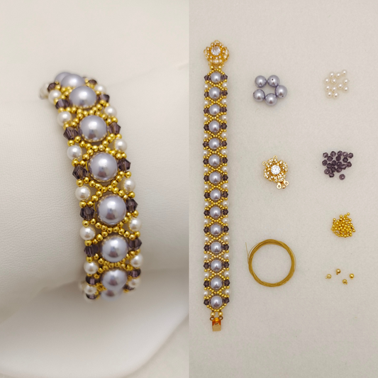 【No.113】DIY Beading Kit | Violet Pearl Weave Bracelet Materials + Full Tutorial | Pearls, Crystal Beads & Clasp Set