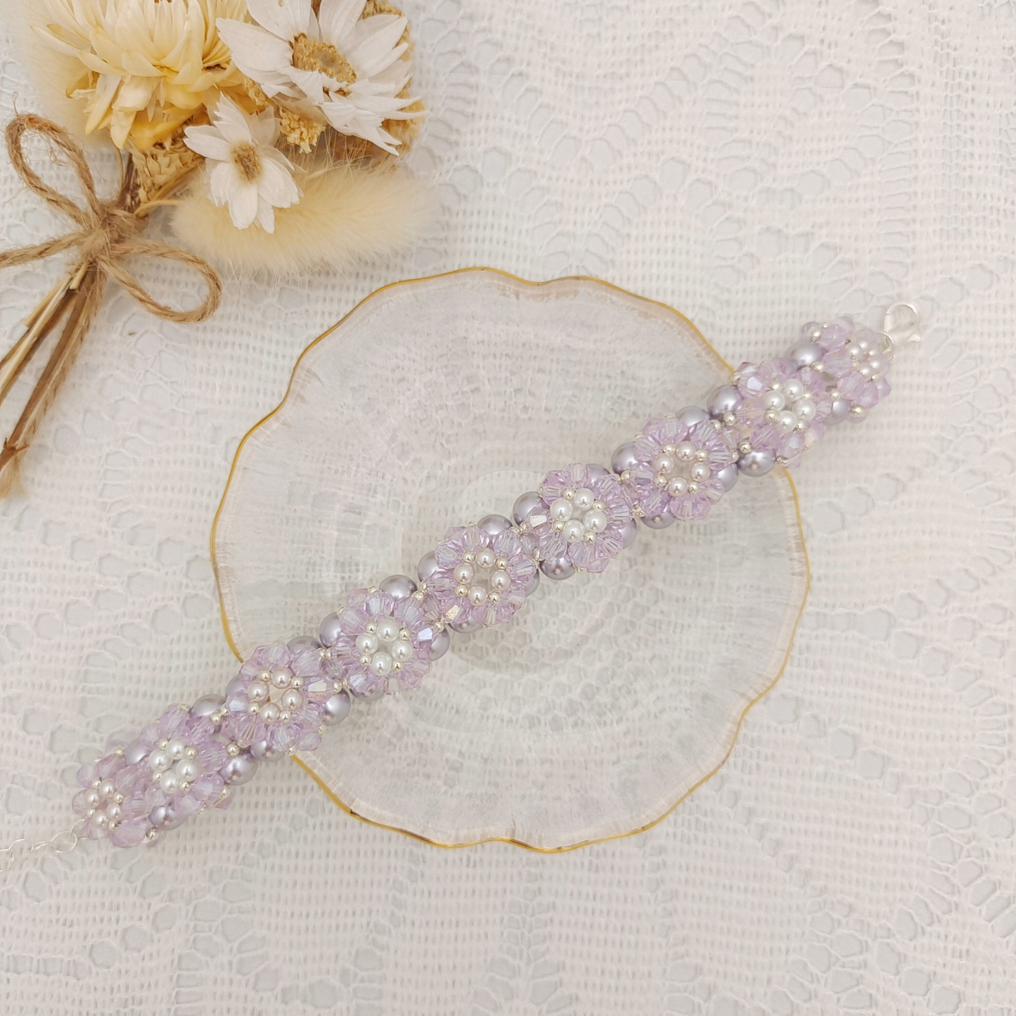 【No.96】Little Sunflower Handmade Pearl & Rhombus Bead Bracelet | Finished Product | Lobster Clasp