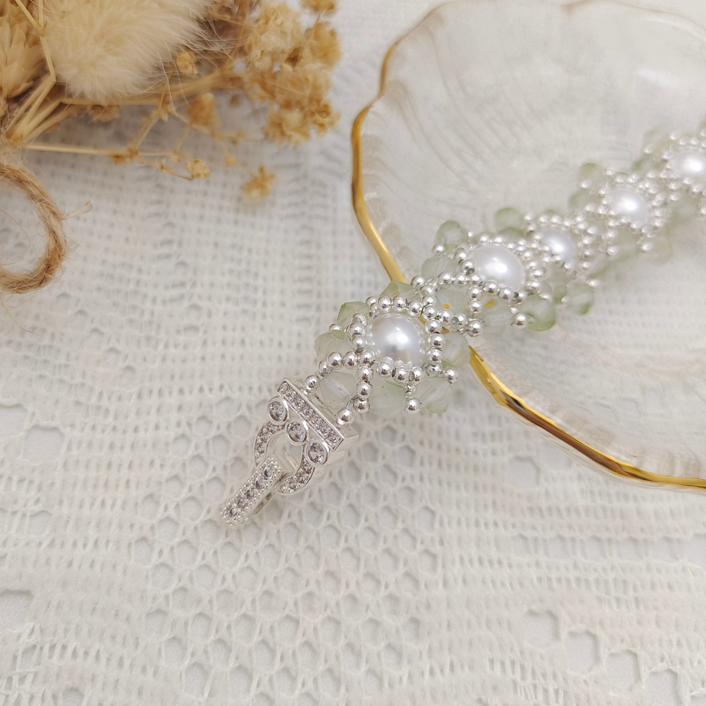 【No.85】 Handmade Bracelet – Summer Succulent with Pearls & Diamond Beads DIY Jewelry Craft Bracelet Gift for Her