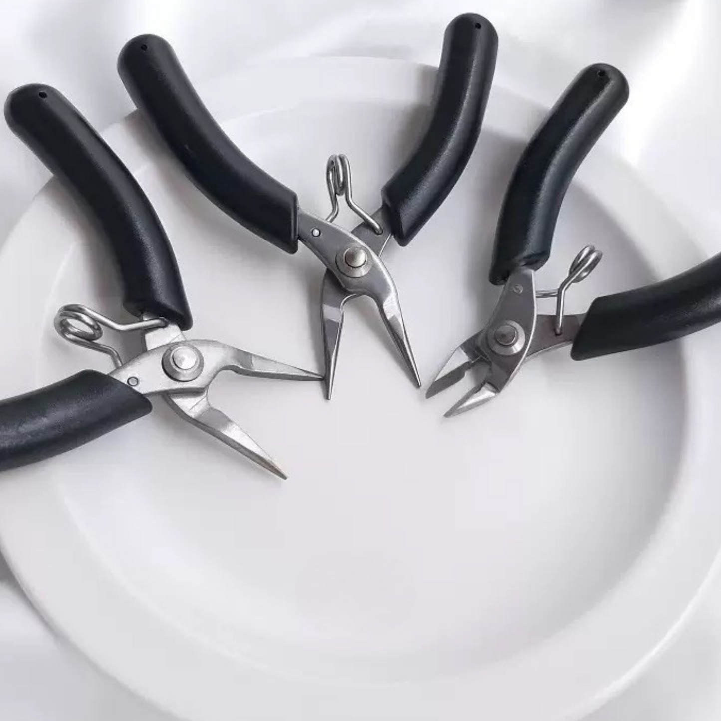 【T04】DIY Jewelry Making Tools – Stainless Steel Pliers Set (Cutter, Needle Nose) | 90mm | Black Handle
