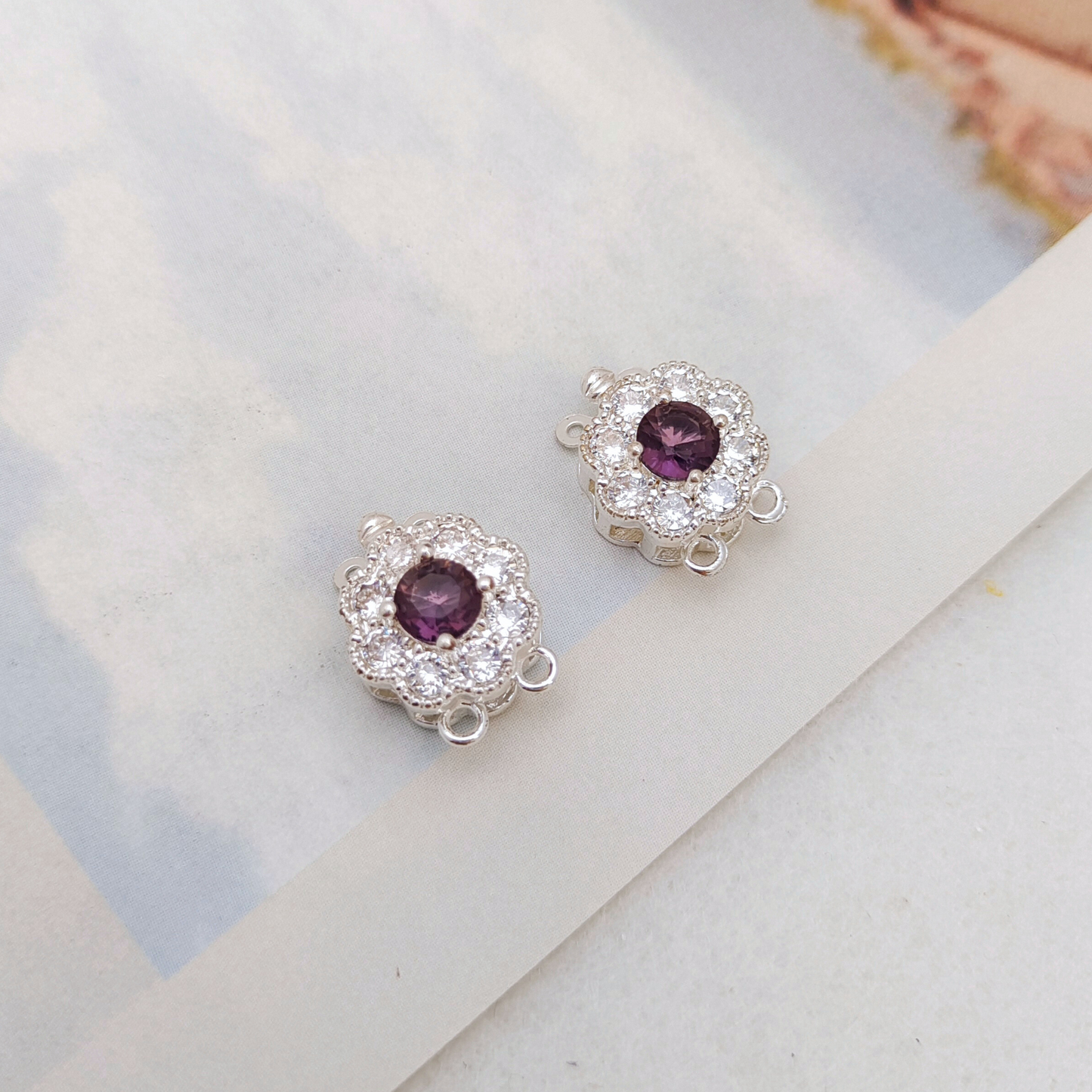 【B36】1PCS DIY Clasp – Purple Zircon Flower Insert Clasp, Thick Silver Plated, Tarnish Resistant Jewelry Making Accessories