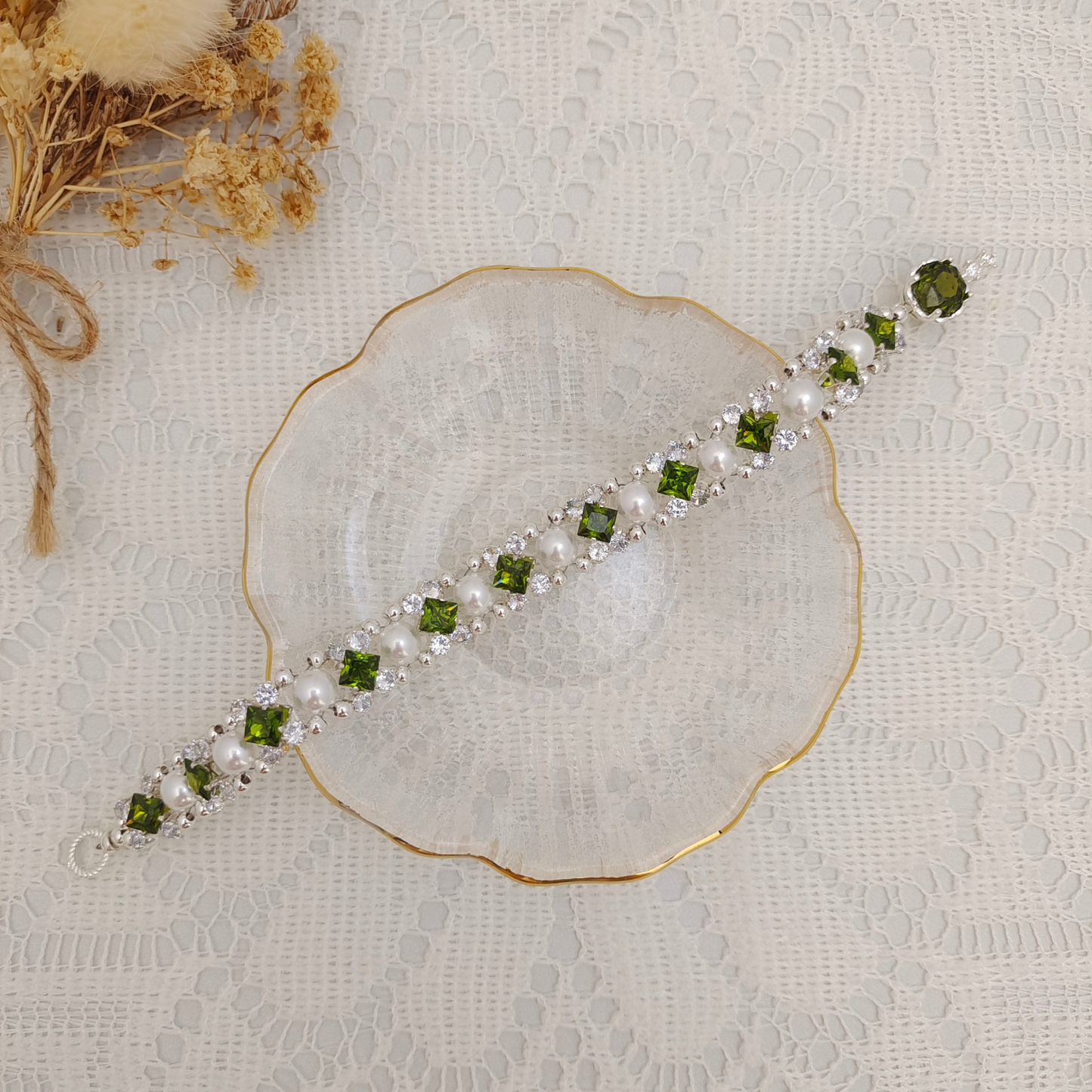 【No.89】DIY Bracelet Kit – Green Lime with Square CZ, Pearls & Olive Gem Clasp