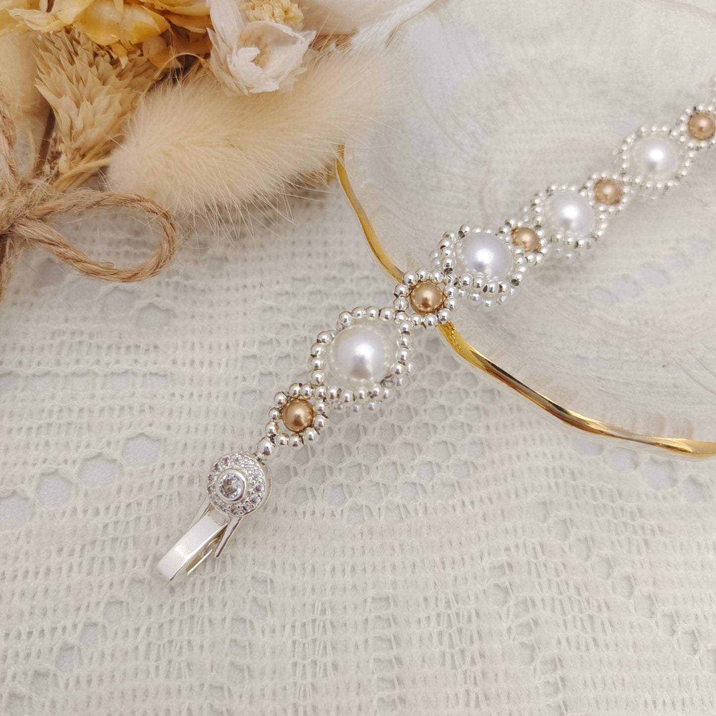 【No.106】DIY Jewelry Kit – Golden Eye Bracelet | Pearls & Crystal Buckle | Full Tutorial