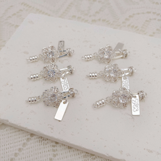 【B33】1PCS DIY Clasp – Plum Blossom Design with White Cubic Zirconia, Silver Plated, Non-Tarnish | Jewelry Making Supplies