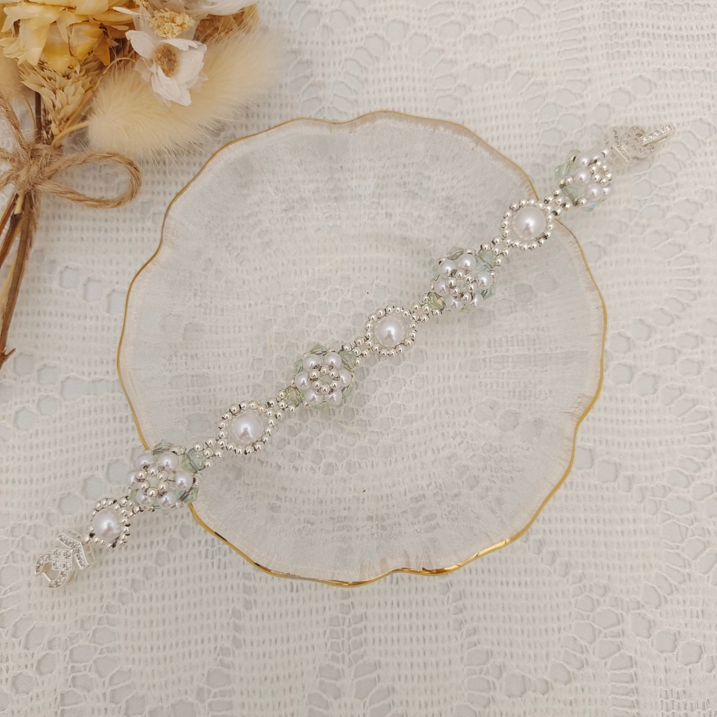 【No.105】Handmade Bracelet – Mini Sunflower | Pearls, Diamond Beads & Clover Clasp