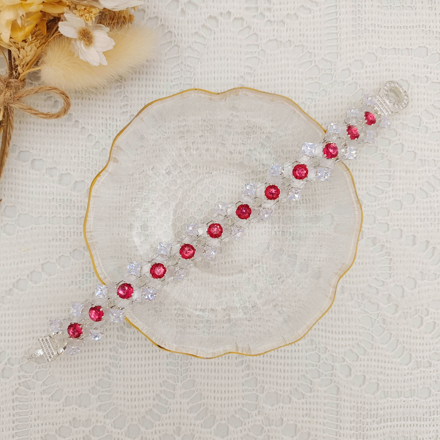 【No.100】Handmade Bracelet – “Lily” with Rectangular, Square & Round CZ Stones | Elegant Sparkling Jewelry Gift