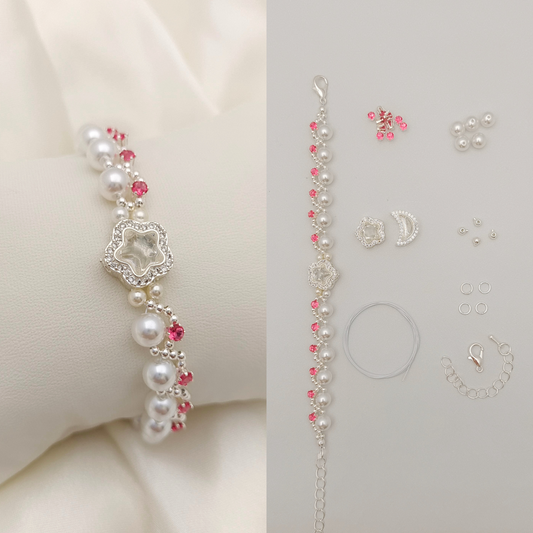 【No.50】 Star & Moon DIY Bracelet Craft Kit with Pearls & Cubic Zirconia | Complete Jewelry Making Kit