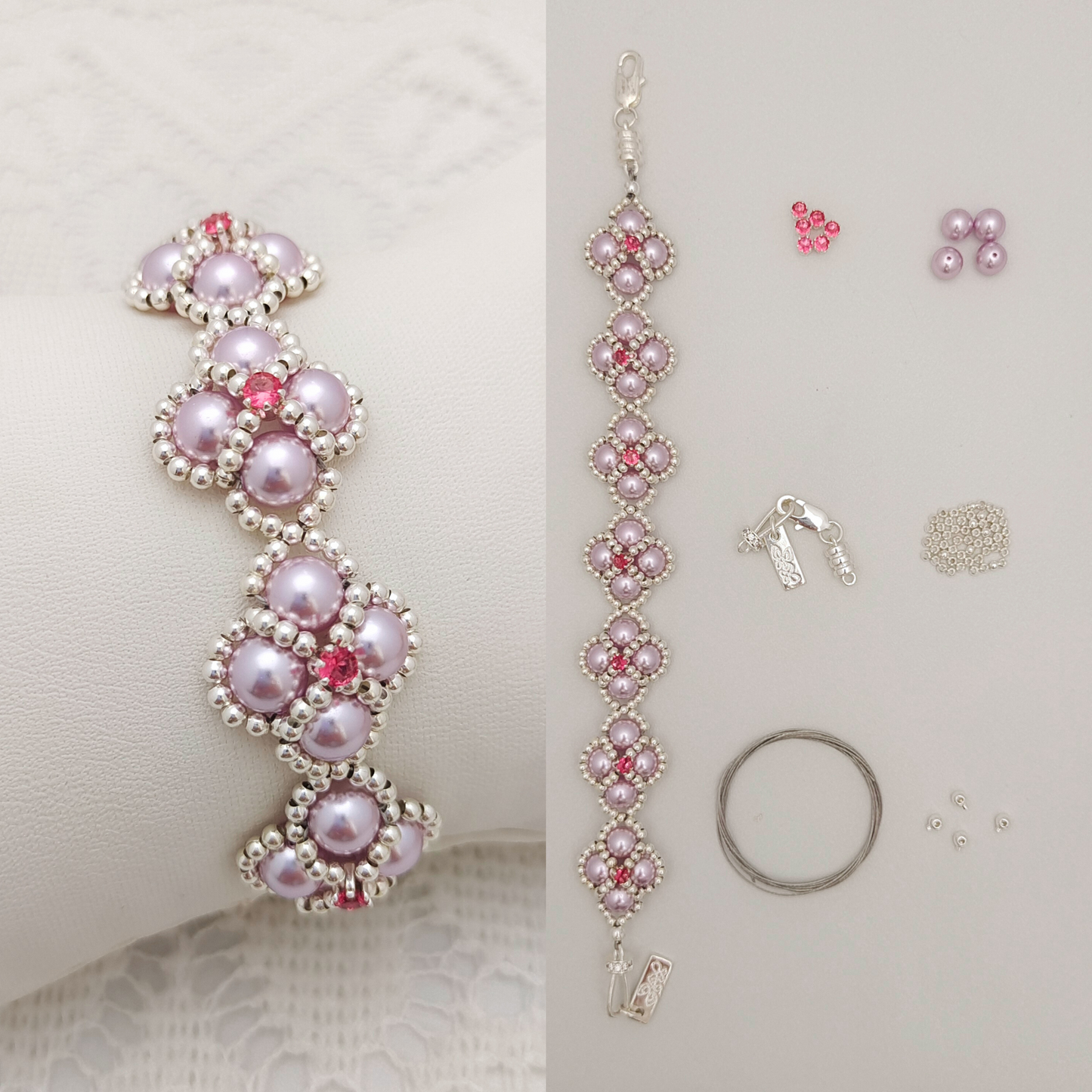 【No.103】DIY Bracelet Kit – “Purple Clover” Pearl & Crystal with Lobster Clasp | Complete Jewelry Making Set