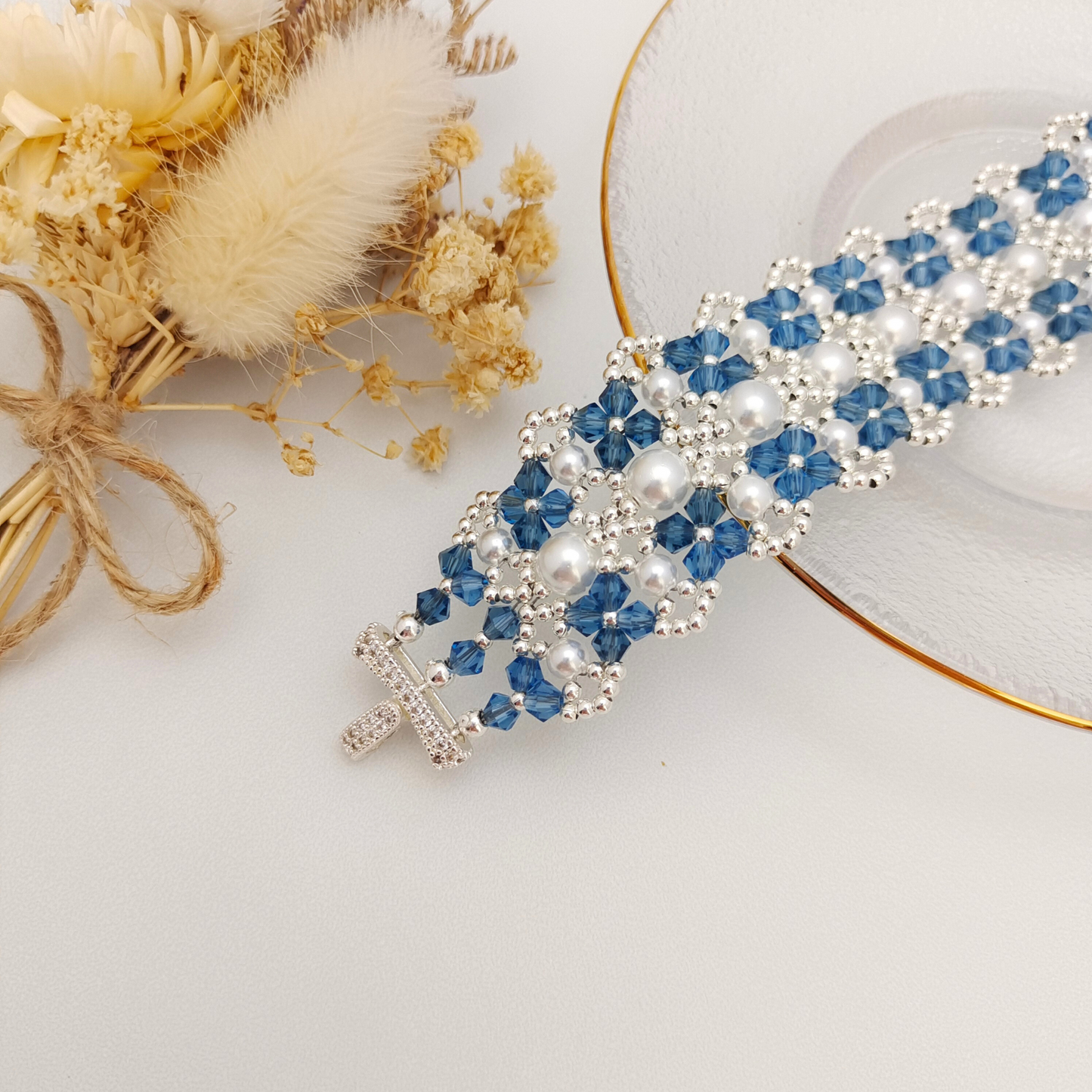 【No.83】 DIY Bracelet Craft Kit – French Lace Beaded Pearl & Crystal Bracelet with 3-Row Clasp