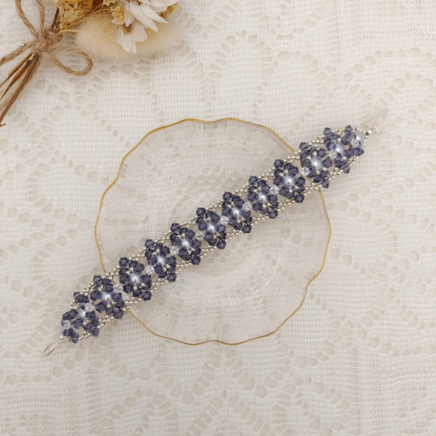 【No.118】DIY Handmade Bracelet | “Dance of the Mystic Lotus” with Pearls, CZ & Beads | Fish Tail Clasp Design
