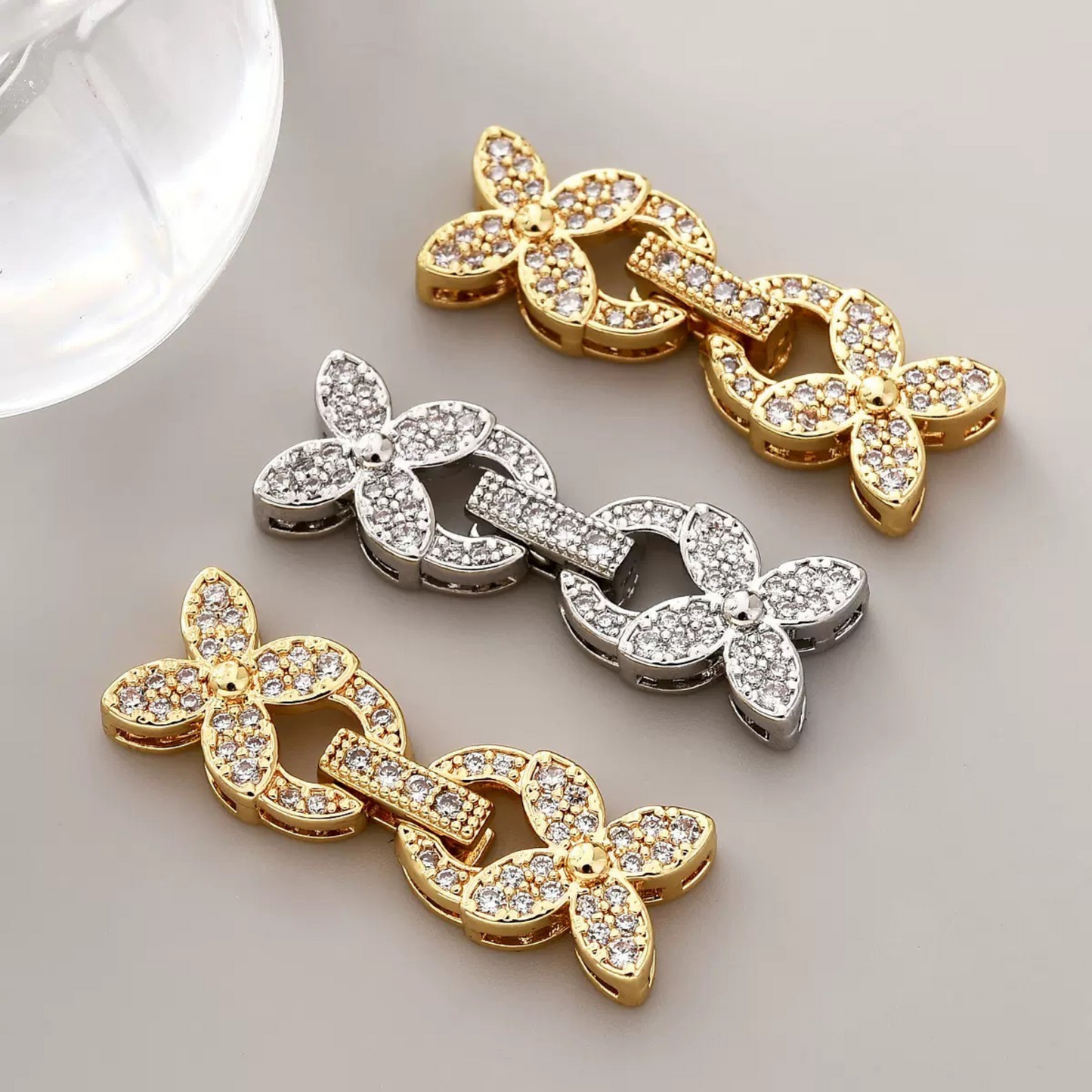 【B27】1PCS DIY Jewelry Findings – Clover Strap Clasp with Zircon | 18K Gold/Platinum Plated | Non-fading Beading Accessories