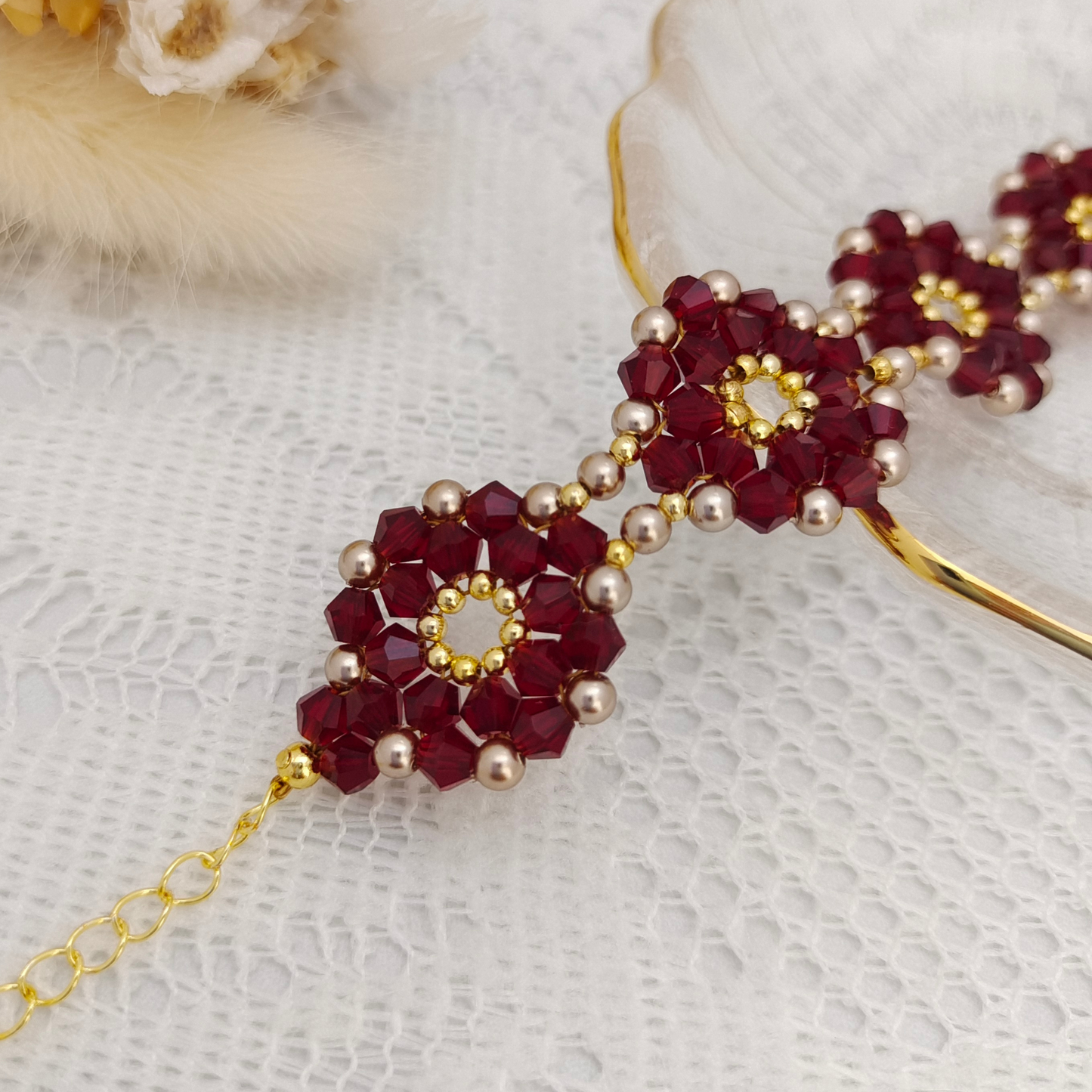 【No.95】Handmade Bracelet – Endless Summer (Hydrangea) | 4mm Light Coffee Pearls & Crystal Beads
