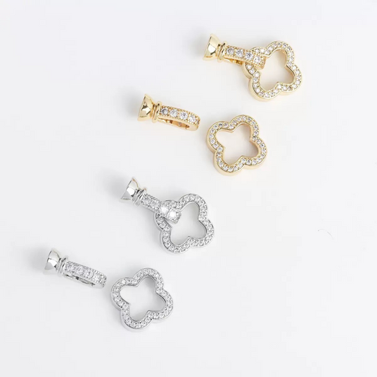 【B21】2PCS Four-Leaf Clover End Clasp – Full Rhinestone | 23×14mm Copper DIY Jewelry Connector