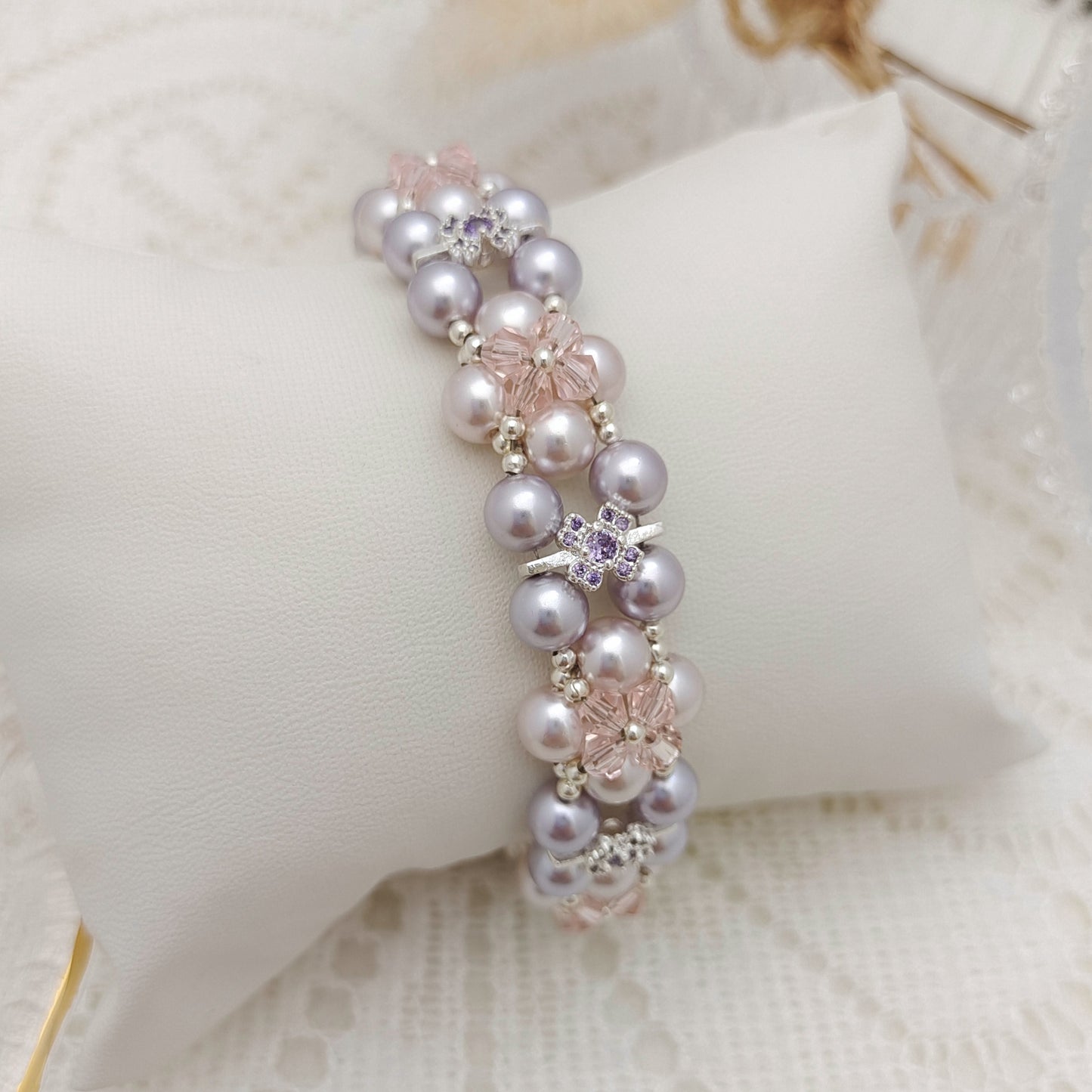 【No.128】DIY Bracelet Kit – Taro Milk Tea Design | Pearl, Diamond Beads & Zircon Clasp | Full Tutorial Included