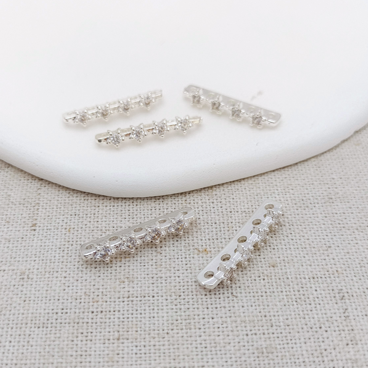 【S15】5PCS DIY Jewelry Findings – 5-Strand Spacer Bar with Micro Pave CZ | Silver Plated Copper, Anti-Tarnish