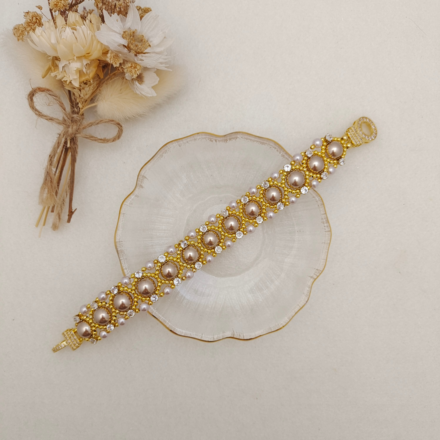 【No.114】Handmade Aureate Bead Blossom Bracelet | Pearl & Cubic Zirconia Beaded Bracelet | Lollipop O-Clasp