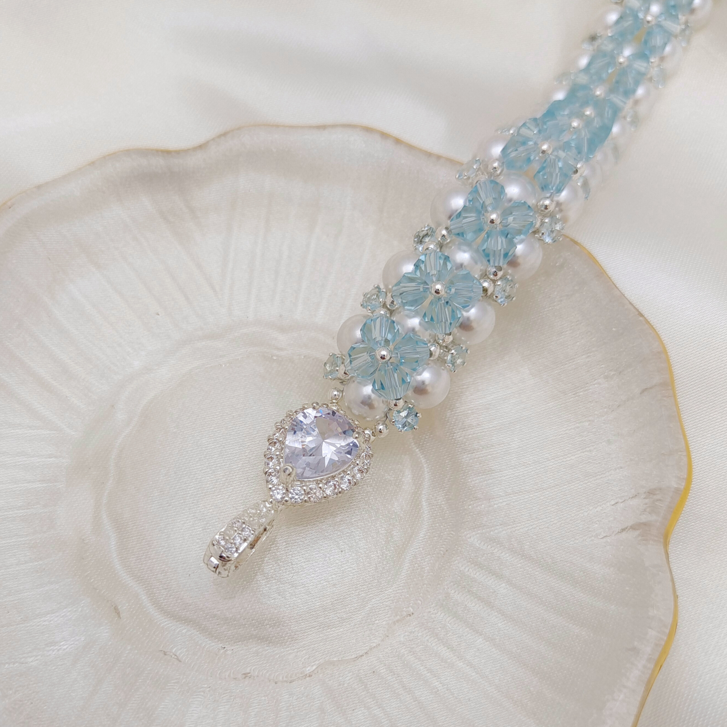 【No.79】 Tear of Mermaid Handmade Bracelet – 6mm Pearls, Crystals, CZ, with Teardrop Clasp DIY Craft Jewelry Gift for Her