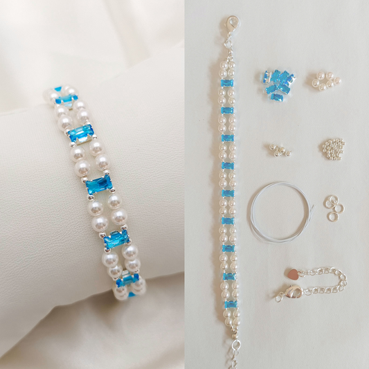 【No.37】 Celestial Pearl Link DIY Bracelet Craft Kit | Aquamarine Zircon & Pearl | Handmade Bracelet Includes Tutorial