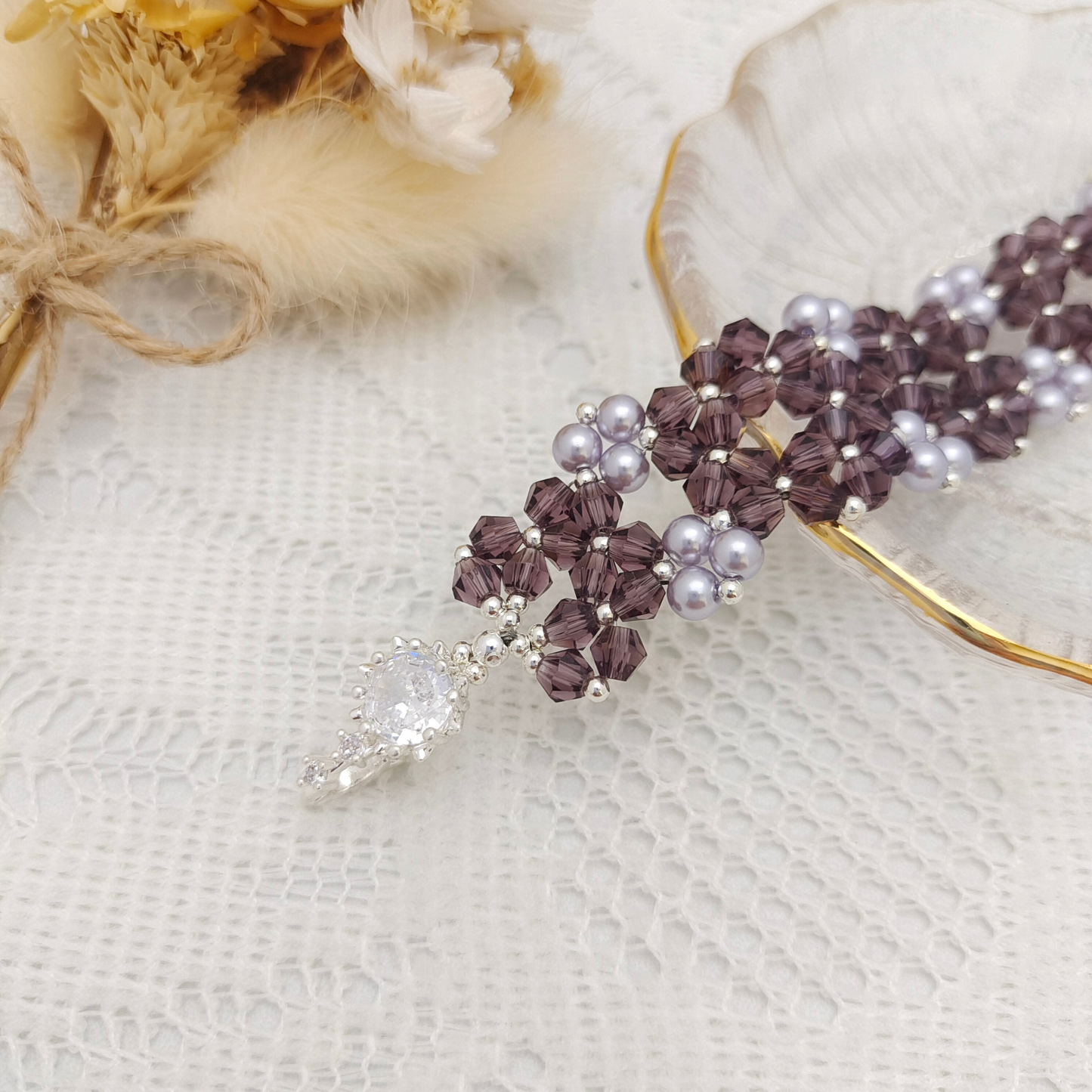 【No.94】Provence Beaded Bracelet – Lavender Pearl & Diamond-Cut Beads Handmade Jewelry