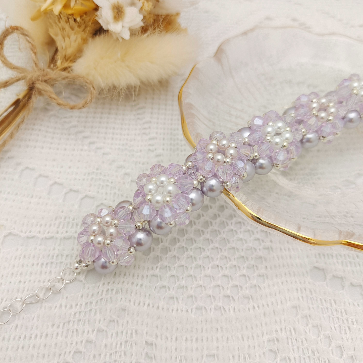 【No.96】Little Sunflower Handmade Pearl & Rhombus Bead Bracelet | Finished Product | Lobster Clasp