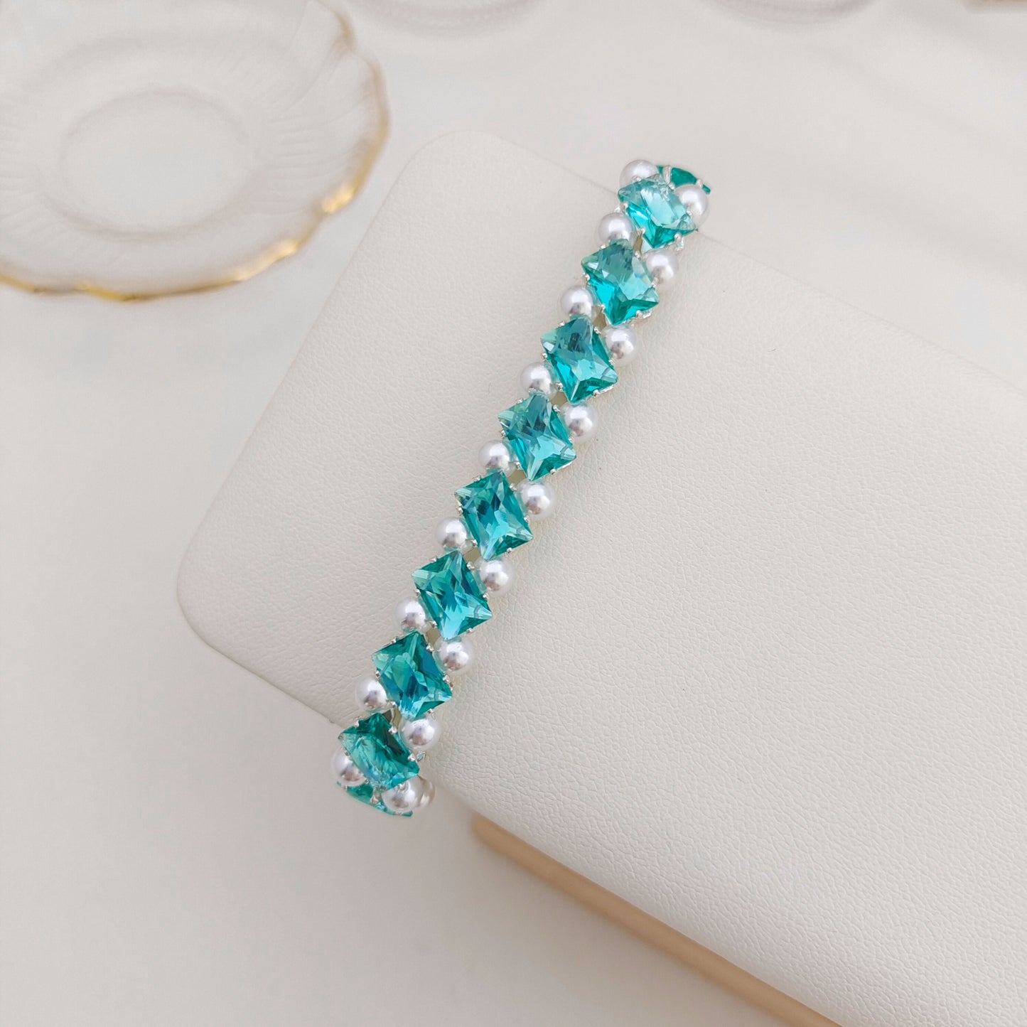 【No.176】DIY Square Zircon Pearl Bracelet Making Kit | Handmade Square Zircon Pearl Bracelet  | Complete Bead Kit with Tutorial | 4*7mm Square Zircon 4mm Pearl Craft Kit iFCraftorium