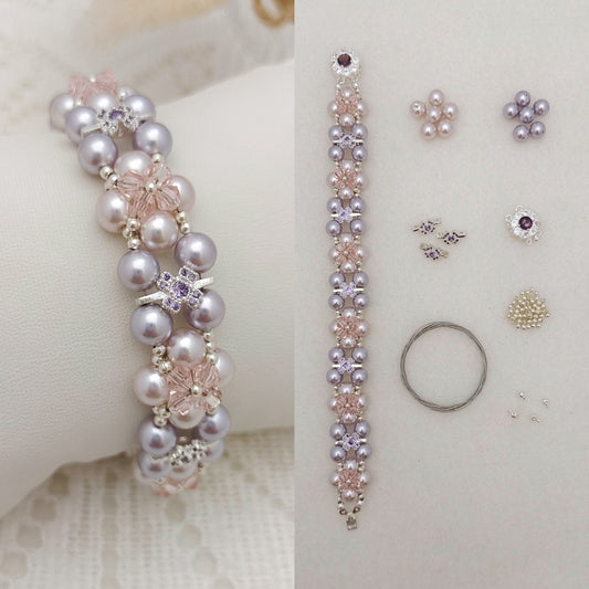 【No.128】DIY Bracelet Kit – Taro Milk Tea Design | Pearl, Diamond Beads & Zircon Clasp | Full Tutorial Included