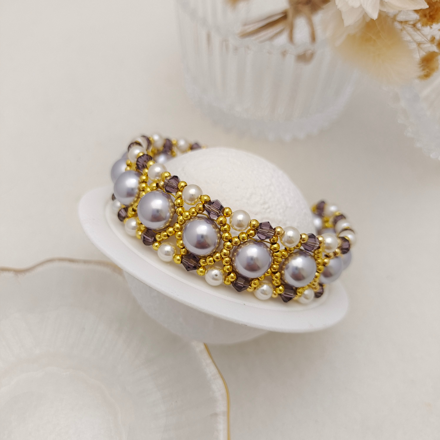 【No.113】DIY Beading Kit | Violet Pearl Weave Bracelet Materials + Full Tutorial | Pearls, Crystal Beads & Clasp Set