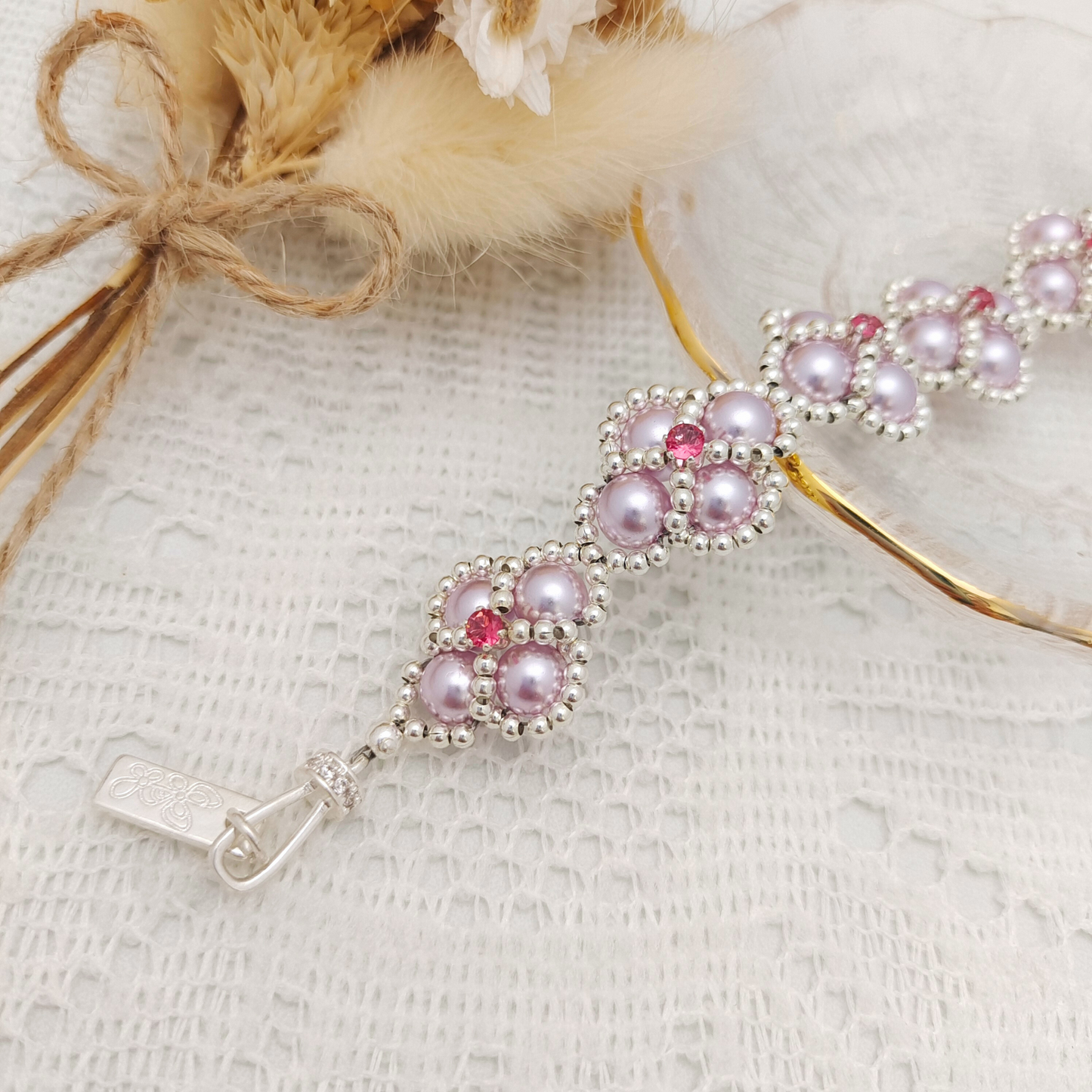 【No.103】Handmade Bracelet – “Purple Clover” Pearl & Crystal with Lobster Clasp | Elegant DIY Jewelry