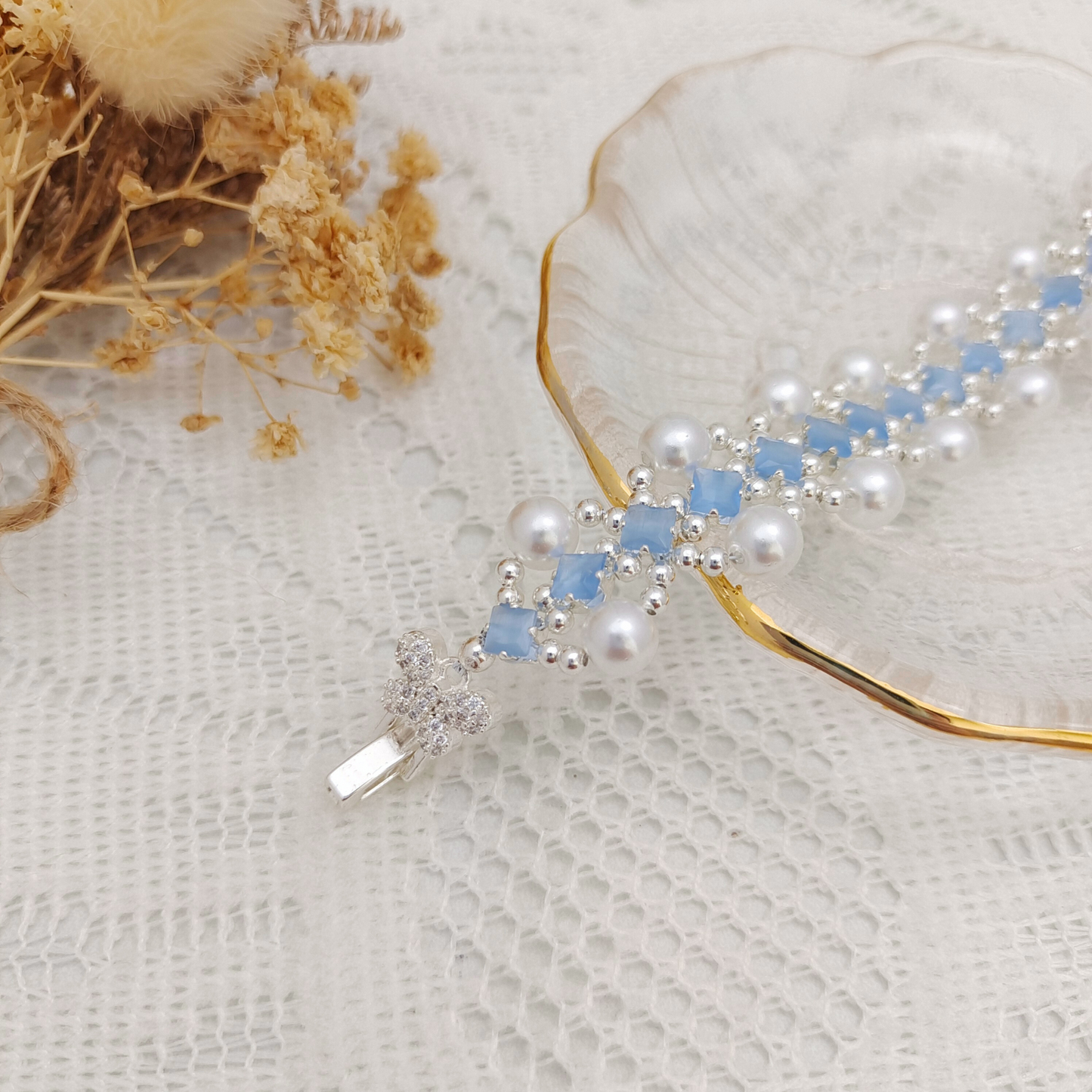 【No.86】Handmade Bracelet – French Court with Pearls & Cat Eye Square Beads | Vintage Regal Style