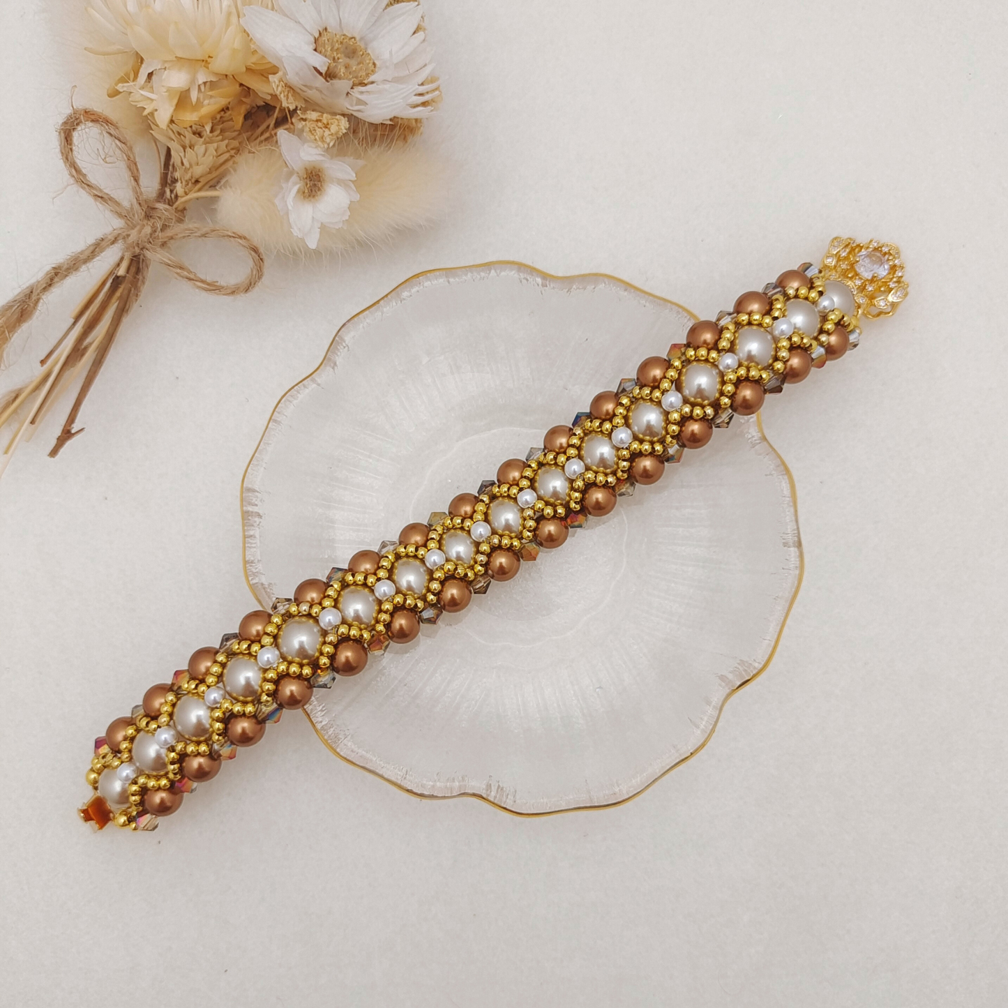 【No.110】Handmade Bracelet – Camellia Bloom | Pearls & Crystal Beads with Double-Row Camellia Clasp