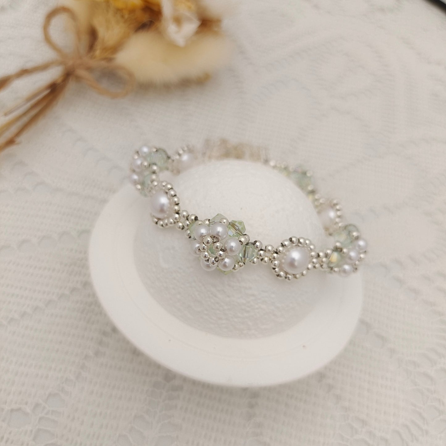 【No.105】Handmade Bracelet – Mini Sunflower | Pearls, Diamond Beads & Clover Clasp