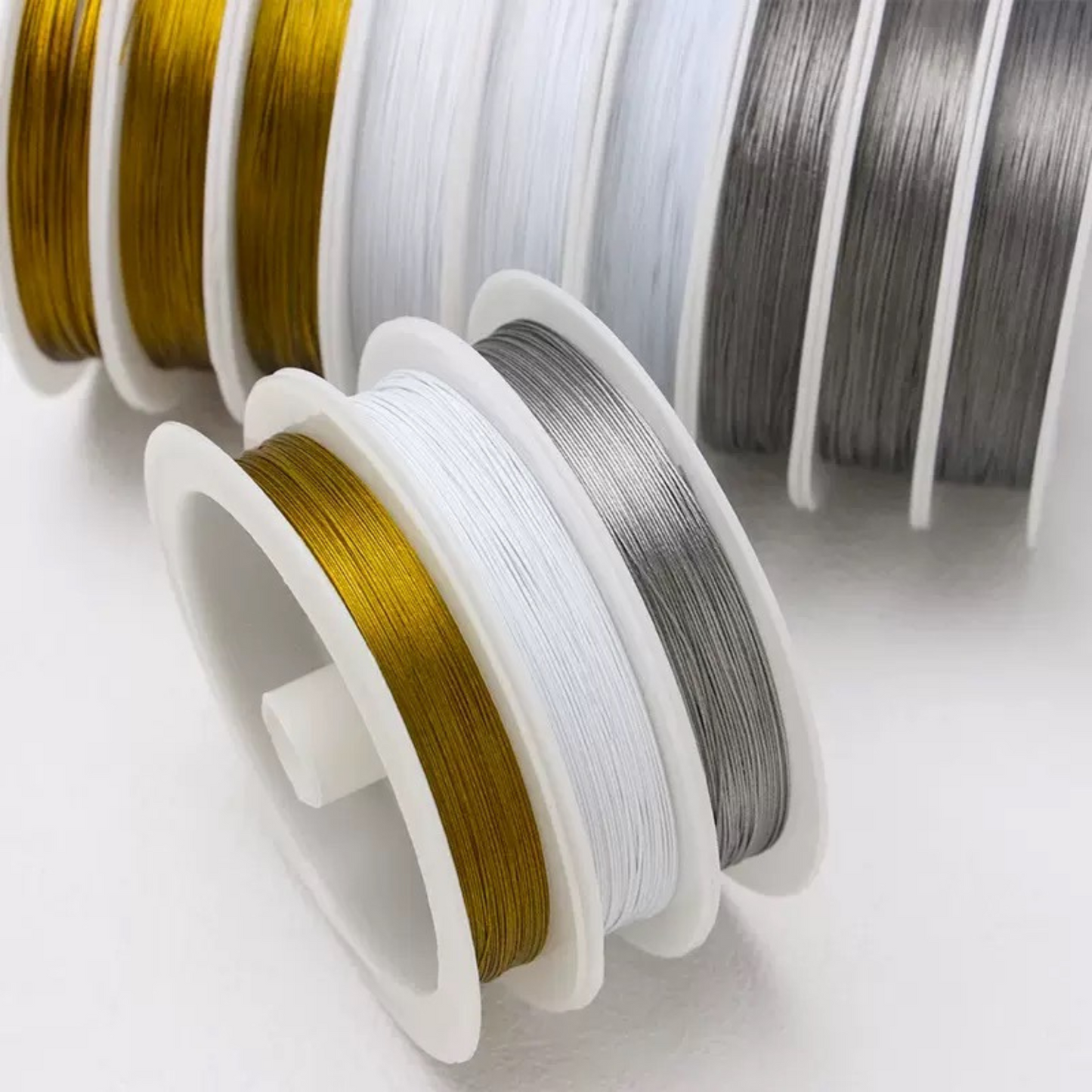 【T02】2 Roll 0.25mm Ultra-Fine Jewelry Wire | 25M Roll | Gold/Silver/White | Flexible Beading Steel Wire for DIY Bracelets & Necklaces