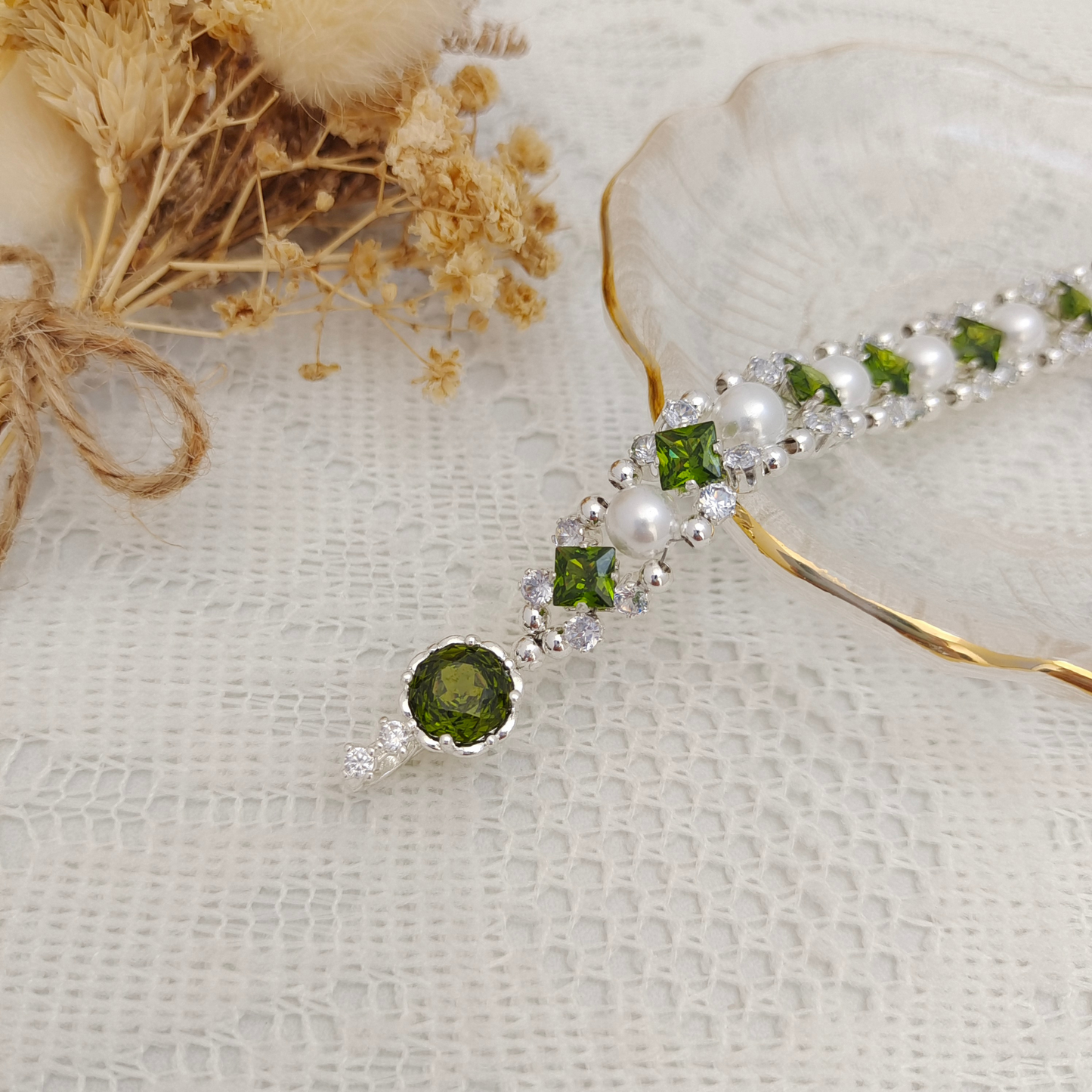 【No.89】DIY Bracelet Kit – Green Lime with Square CZ, Pearls & Olive Gem Clasp