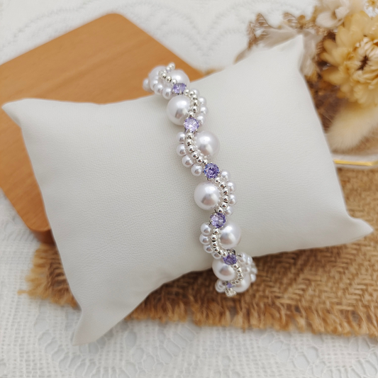 【No.87】Handmade Bracelet – Nebula with 8mm Pearls & CZ Beads | Celestial Style Jewelry