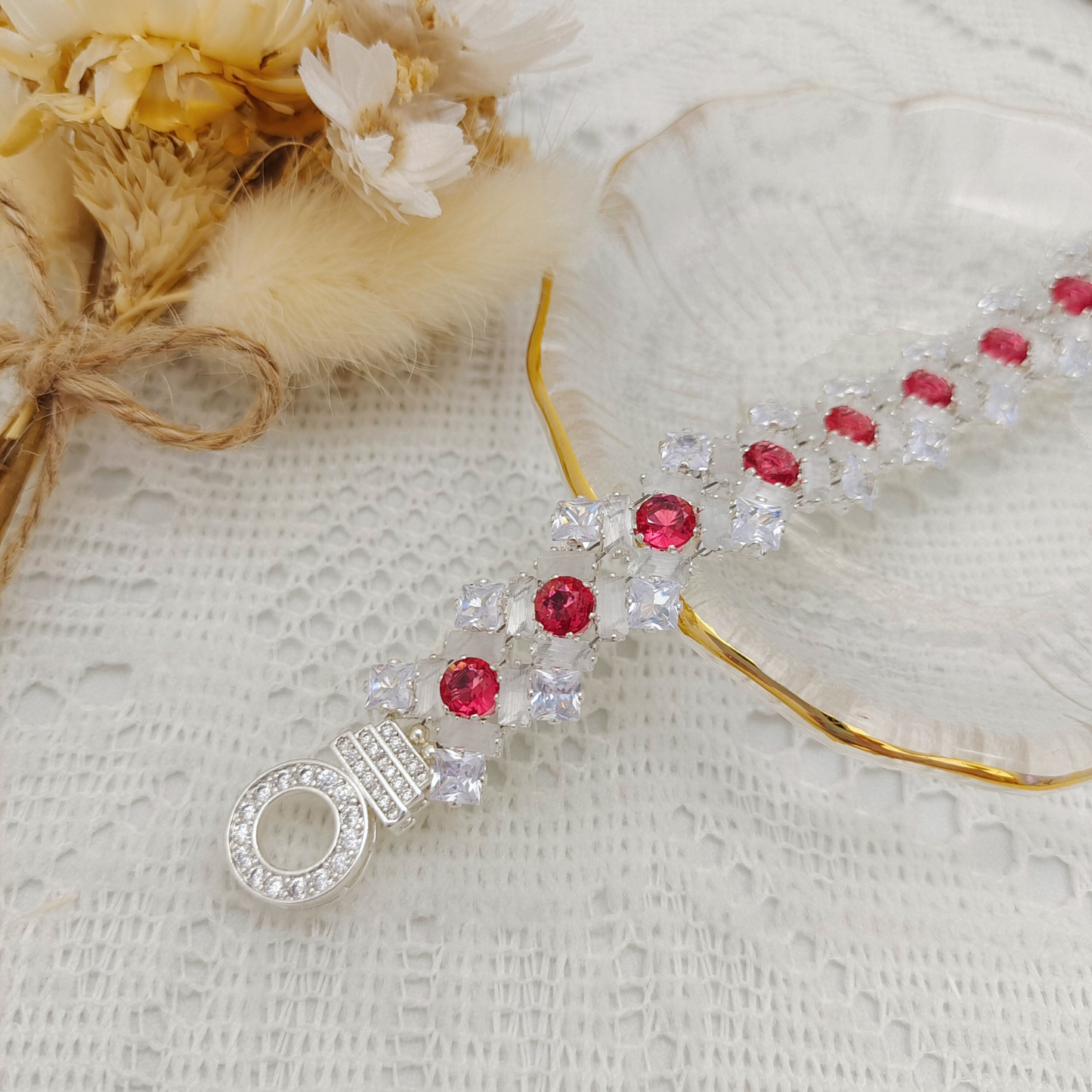 【No.100】Handmade Bracelet – “Lily” with Rectangular, Square & Round CZ Stones | Elegant Sparkling Jewelry Gift