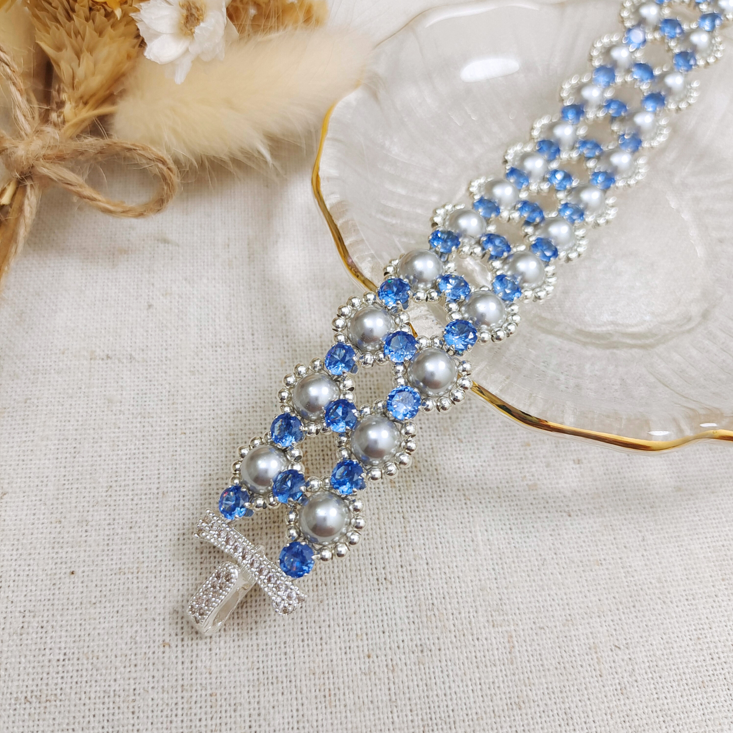 【No.98】DIY Kit – Fancy Blue Handmade Bracelet | Pearls & Cubic Zirconia | Crafting Kit | Full Tutorial