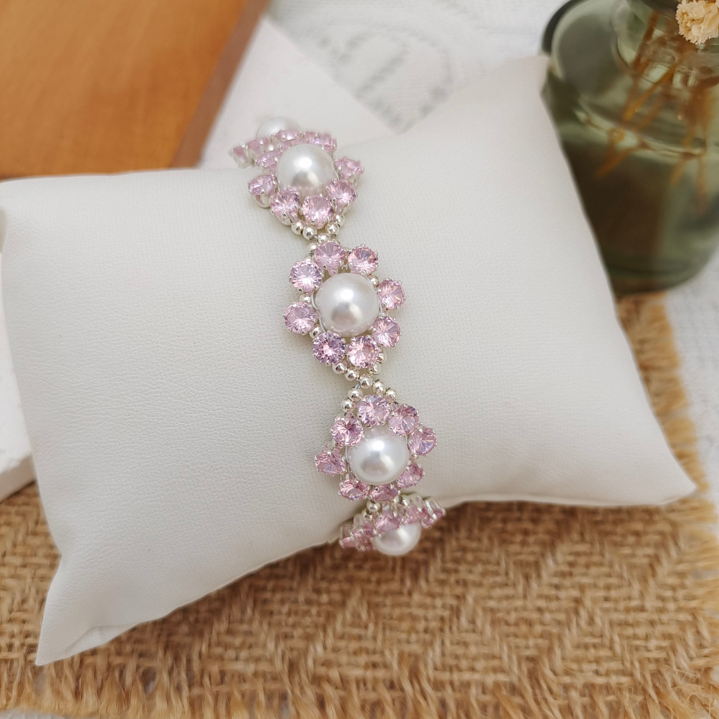 【No.93】DIY Bracelet Kit – Pink Rose Design | 8mm Pearls + Pink CZ Beads | Full Tutorial Included