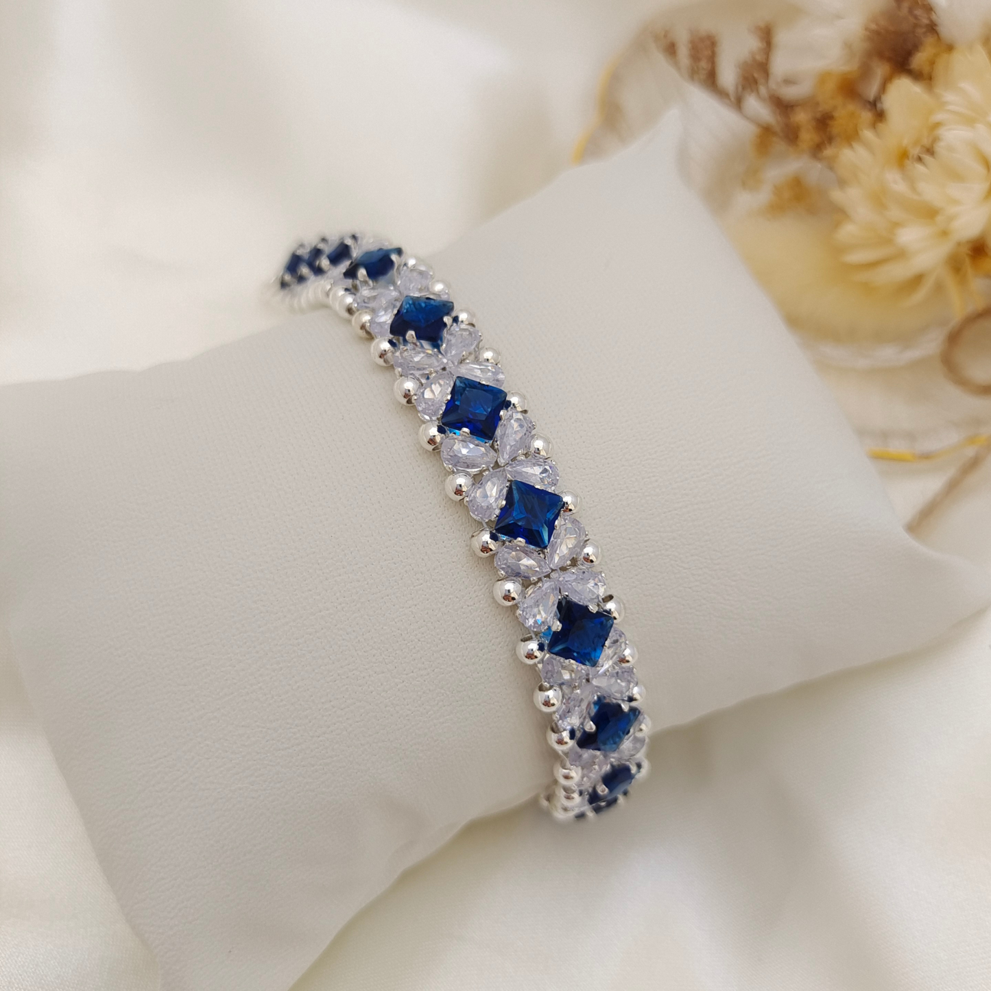 【No.82】 DIY Bracelet Craft Kit – Blue Danube Square & Teardrop CZ Bead Set with Full Tutorial