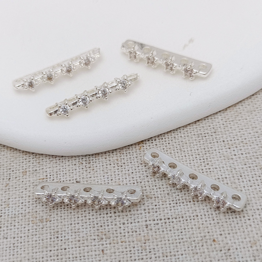 【S15】5PCS DIY Jewelry Findings – 5-Strand Spacer Bar with Micro Pave CZ | Silver Plated Copper, Anti-Tarnish