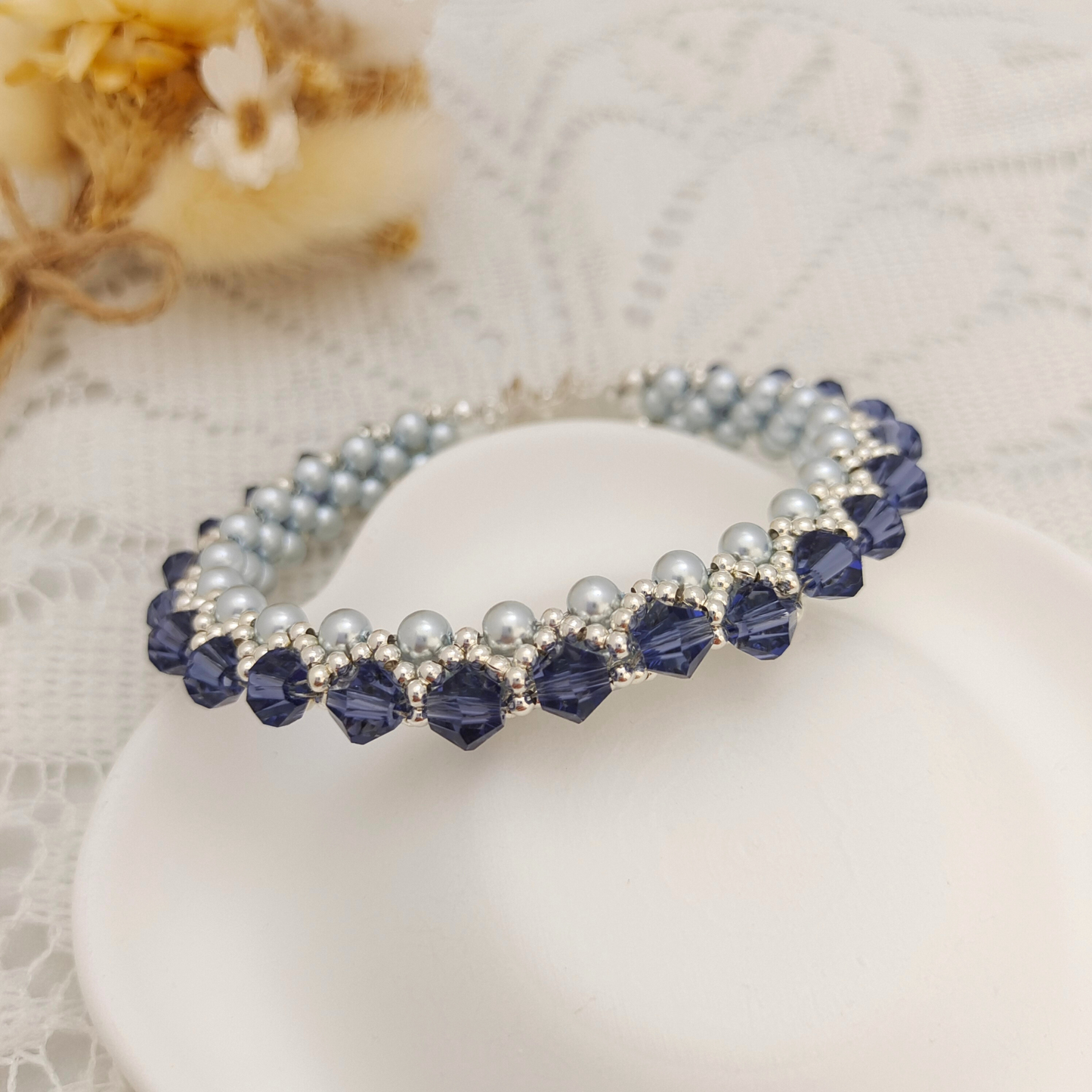 【No.91】Lotus Lilac Handmade Bracelet | Lavender Crystal & Blue Pearl Double-Strand Bracelet