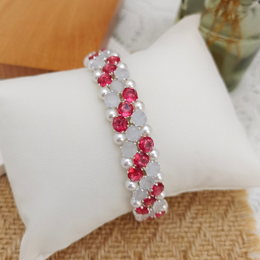 【No.90】Carnation Beaded Bracelet | Rose Red CZ & White Cat Eye with Pearls | Handmade Jewelry