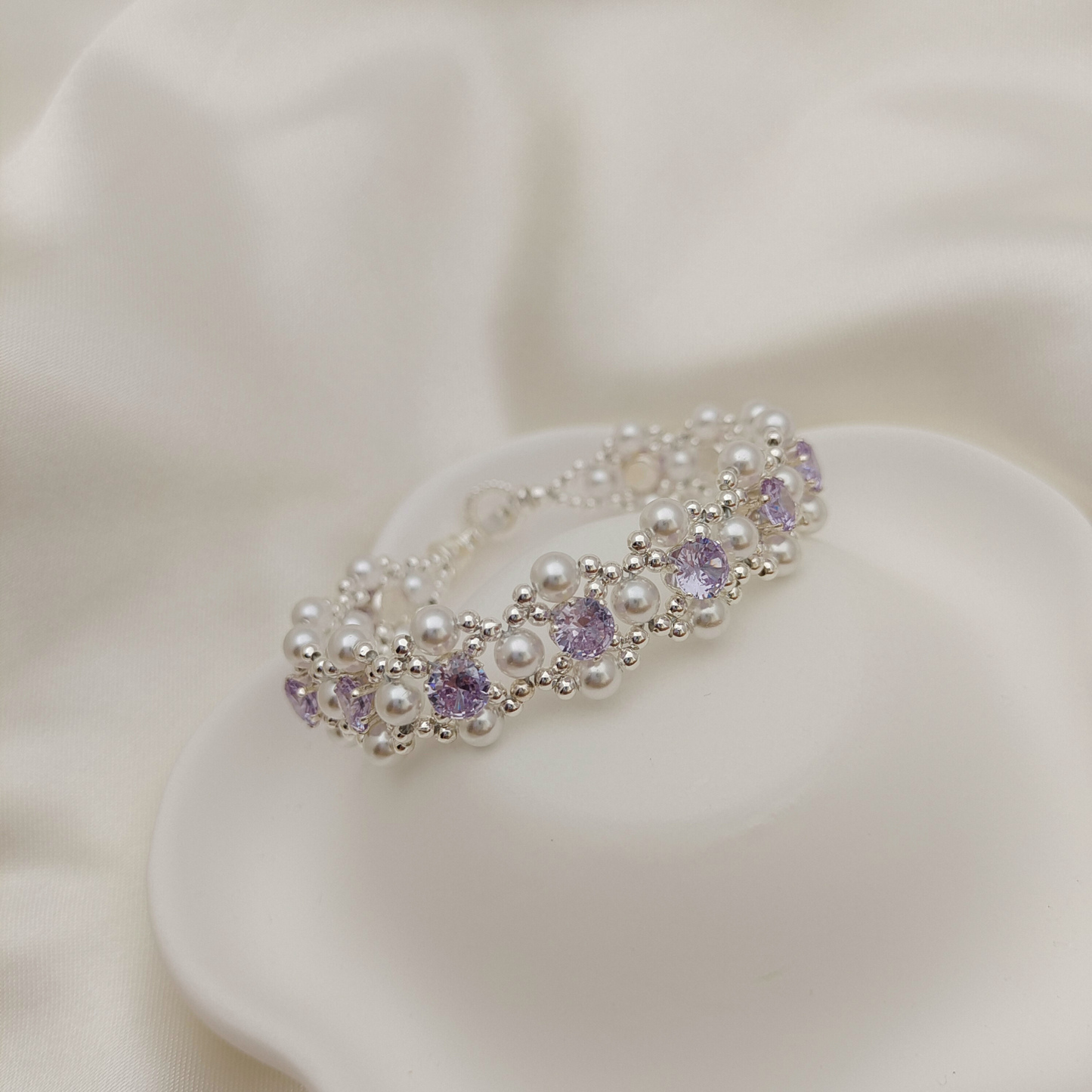 【No.62】 LilacPearl DIY Bracelet Craft Kit – Purple CZ, Pearl & Silver Seed Beads, Complete Tutorial Included Beading Materials