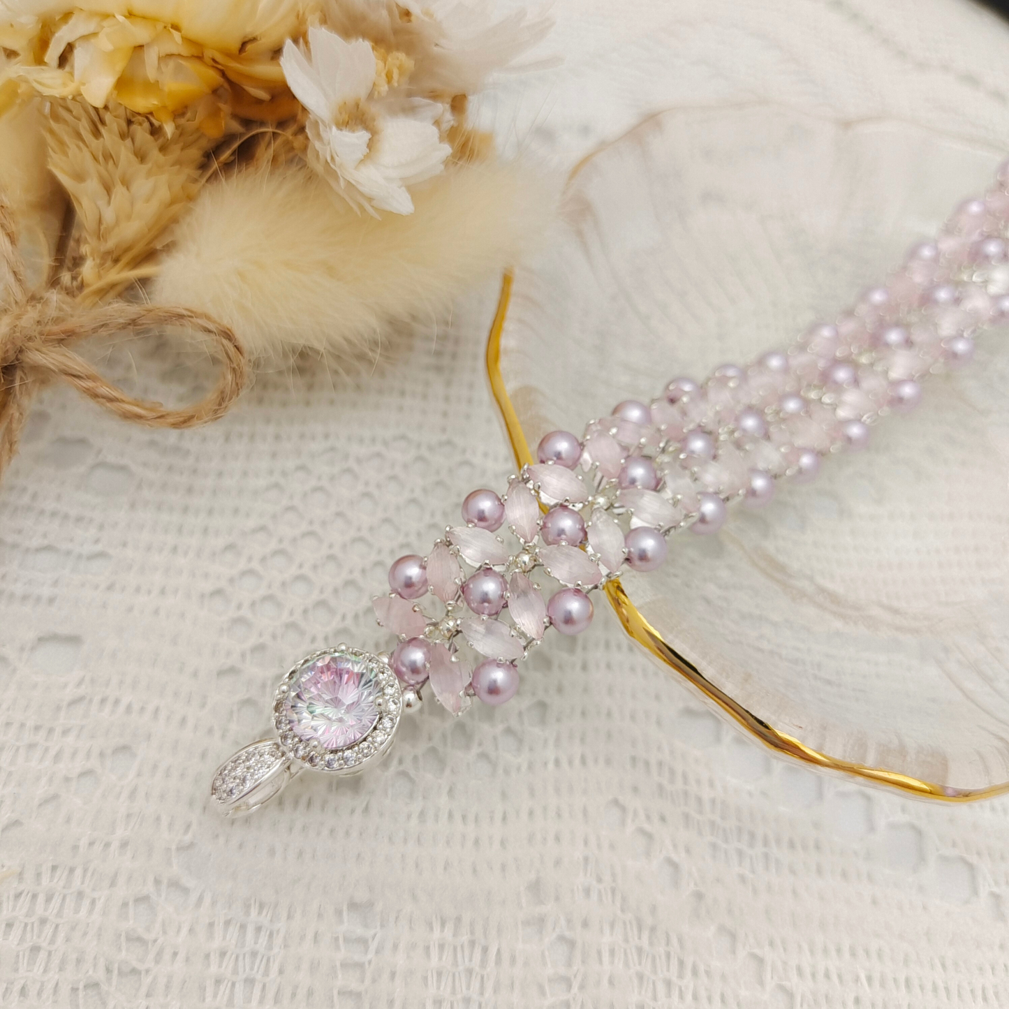 【No.99】Handmade Bracelet – Pink Fireworks with Lilac Pearls & Marquise Crystals | Elegant Beaded Jewelry Gift
