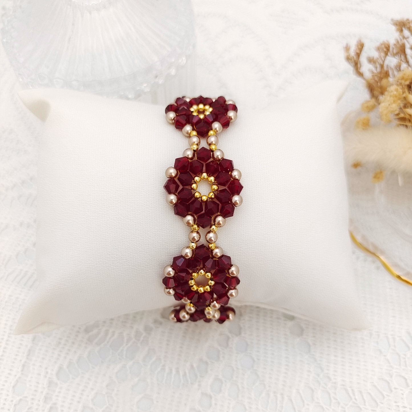 【No.95】Handmade Bracelet – Endless Summer (Hydrangea) | 4mm Light Coffee Pearls & Crystal Beads