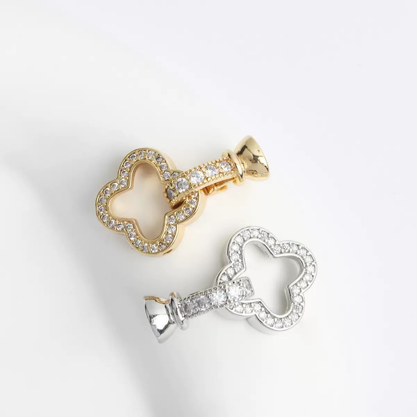 【B21】2PCS Four-Leaf Clover End Clasp – Full Rhinestone | 23×14mm Copper DIY Jewelry Connector